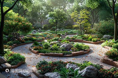 石头与花卉交织的园林